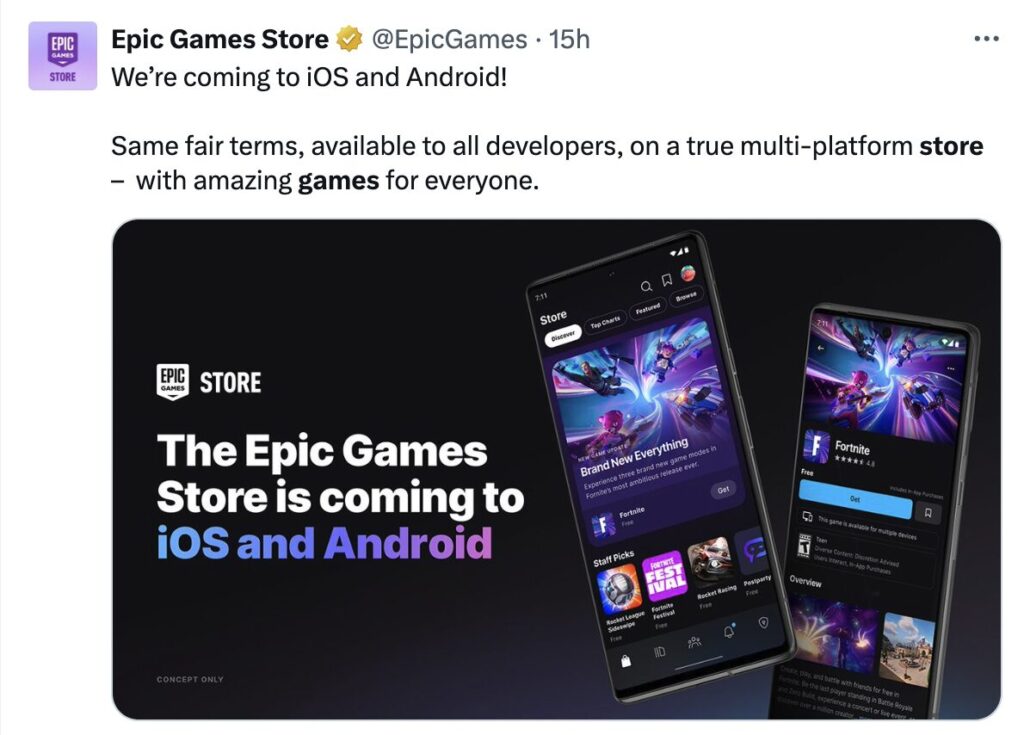 The announcement of the Epic Games Store mobile on Twitter.