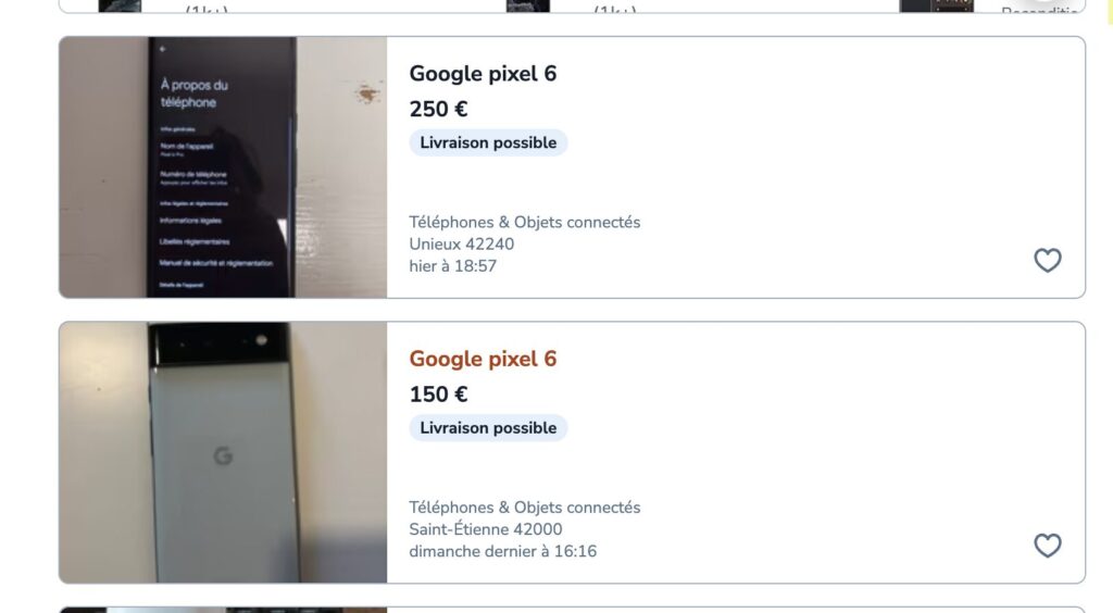 Les prix de revente des Pixel 6 sur LeBonCoin.