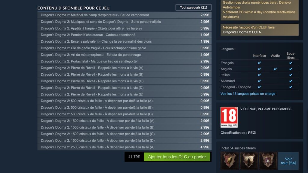 Les microtransactions de Dragon's Dogma 2 // Source : Capture Steam