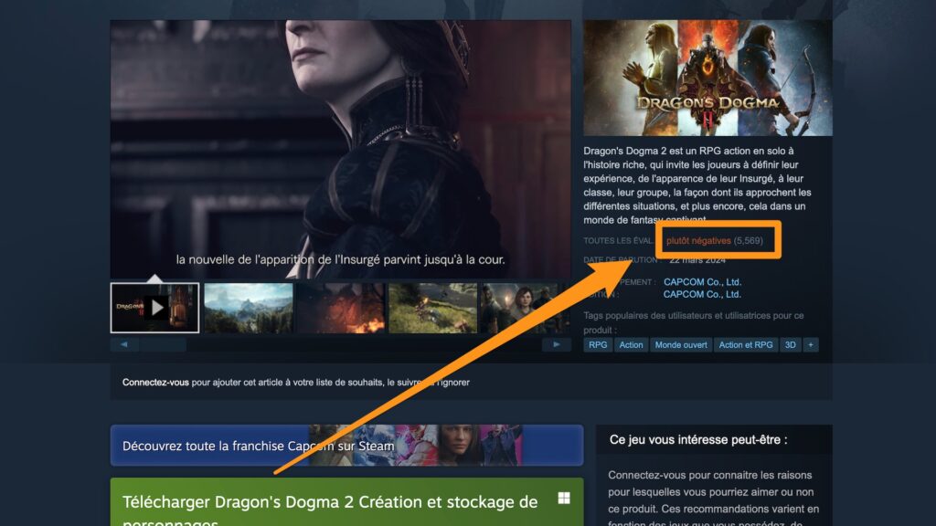 Avis négatifs sur Dragon's Dogma 2 // Source : Capture Steam