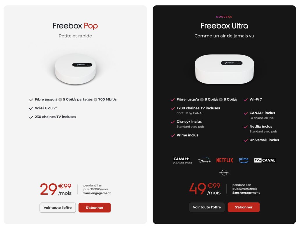 Les deux Freebox mis en avant sur le site de Free disposent du Wi-Fi 7.