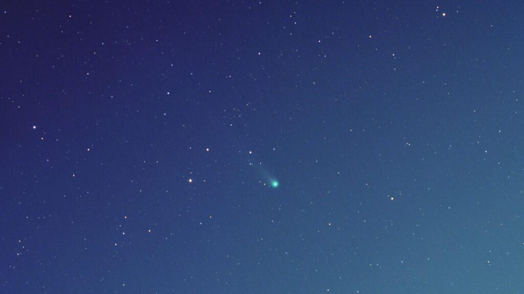 A comet, a green dot among the stars.  // Source: Via X @burkley65 (cropped photo)