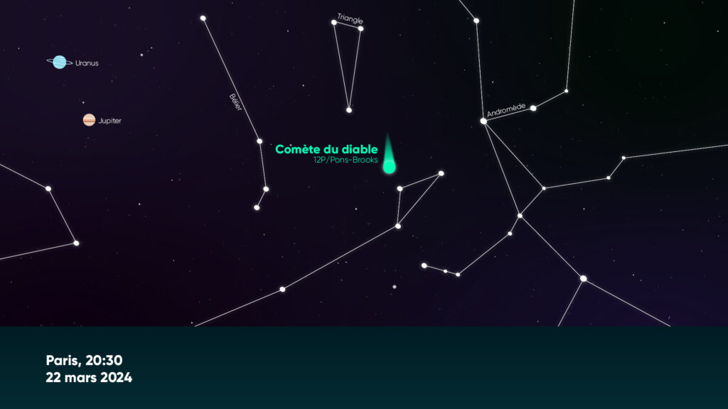 Carte montrant la position de la comète du diable dans le ciel. // Source : Nino Barbey pour Numerama / Skylive