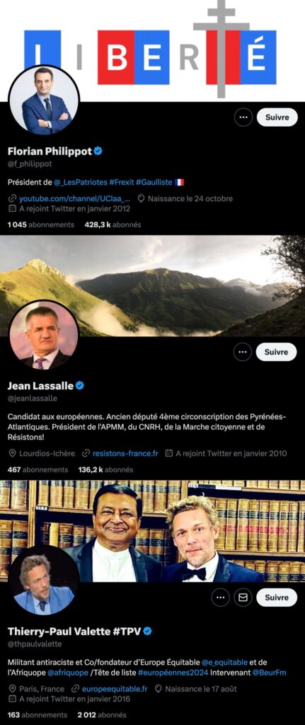 Les comptes Twitter de Florian Philippot, Jean Lassalle et Thierry-Paul Valette ont un badge bleu // Source : Capture d'écran Numerama