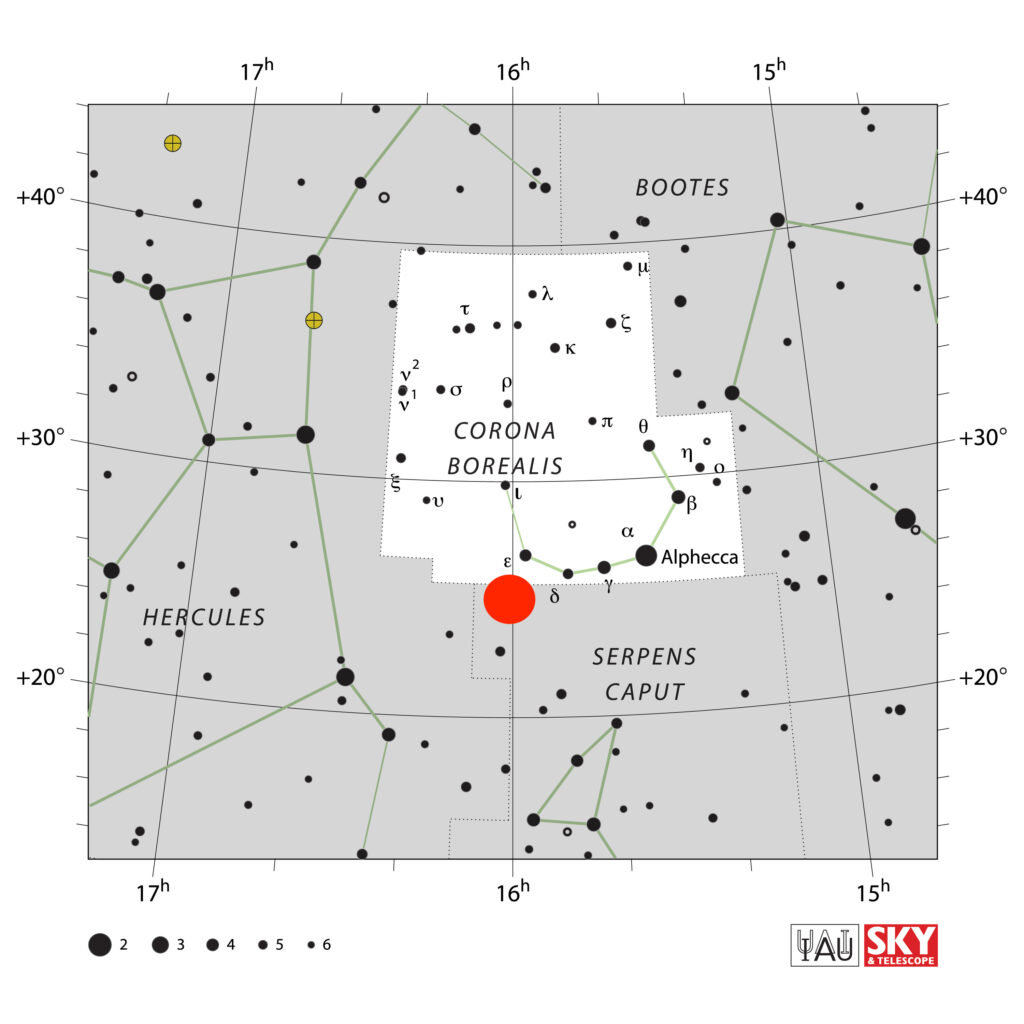 Carte de la constellation Corona Borealis. // Source : Wikimedia/CC/IAU (annotation Numerama)