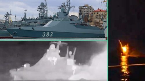 Un navire de guerre russe attaqué par des drones ukrainiens. // Source : Ministère de la défense ukrainienne