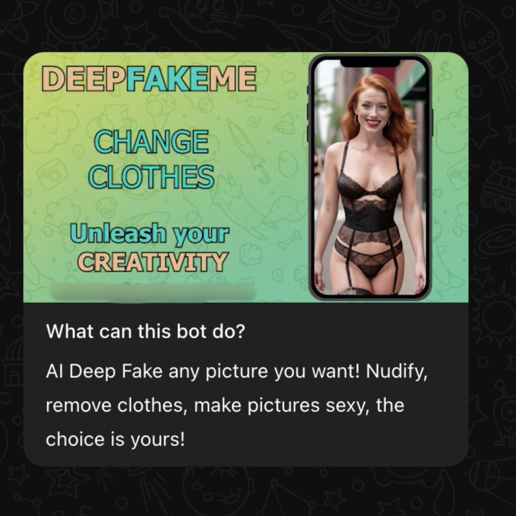 Une chaîne Telegram faisant la promotion pour « nudifier » des photos. // Source : Numerama
