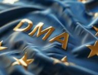 Les lettres DMA inscrites sur le drapeau européen. // Source : Numerama, avec Midjourney
