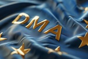 Les lettres DMA inscrites sur le drapeau européen. // Source : Numerama, avec Midjourney