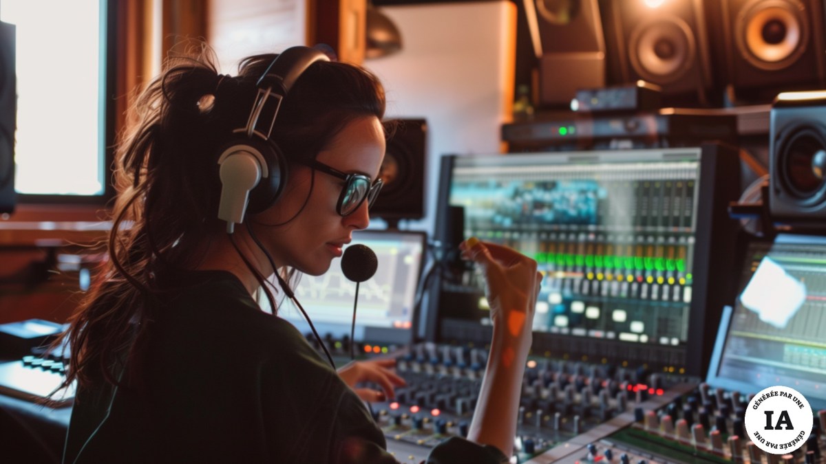 Une femme dans un studio d'enregistrement avec un micro // Source : Numerama, avec Midjourney