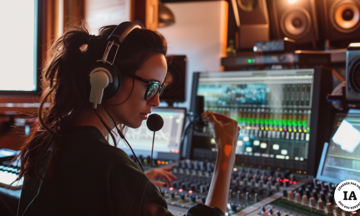 Une femme dans un studio d'enregistrement avec un micro // Source : Numerama, avec Midjourney