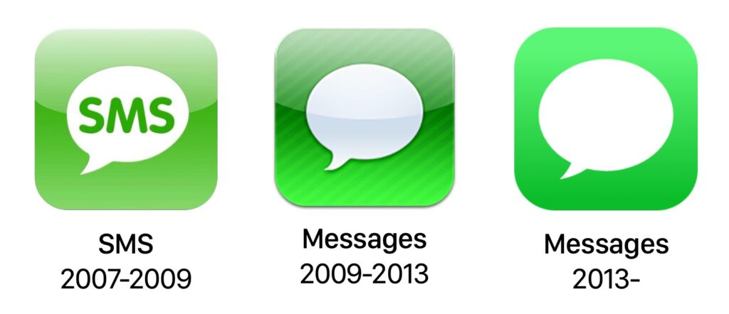 The evolution of the Messages logo on iOS (formerly iPhone OS).