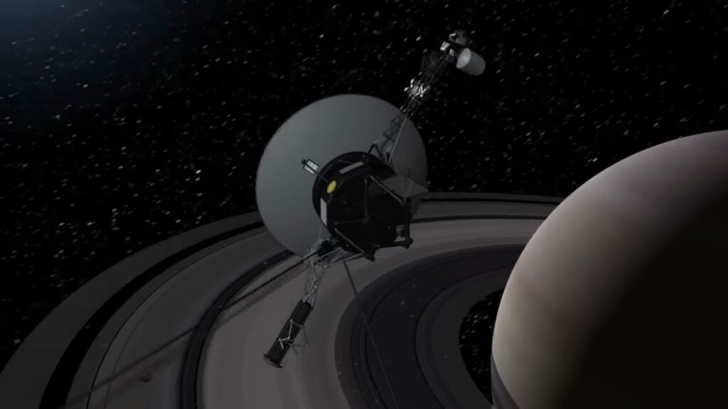 Vue d'artiste d'une sonde Voyager proche de Saturne. // Source : Capture YouTube Nasa JPL