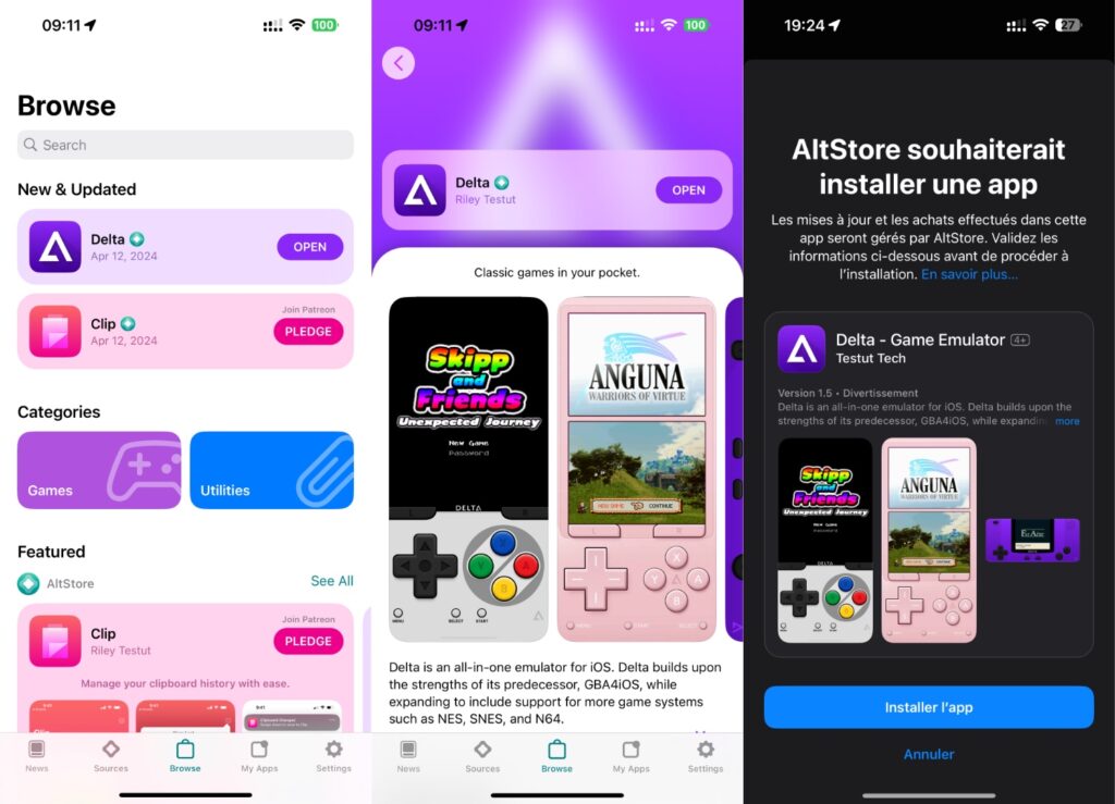 L'interface de l'AltStore, avec l'installation d'une application qui passe une nouvelle fois par l'interface de validation d'Apple.