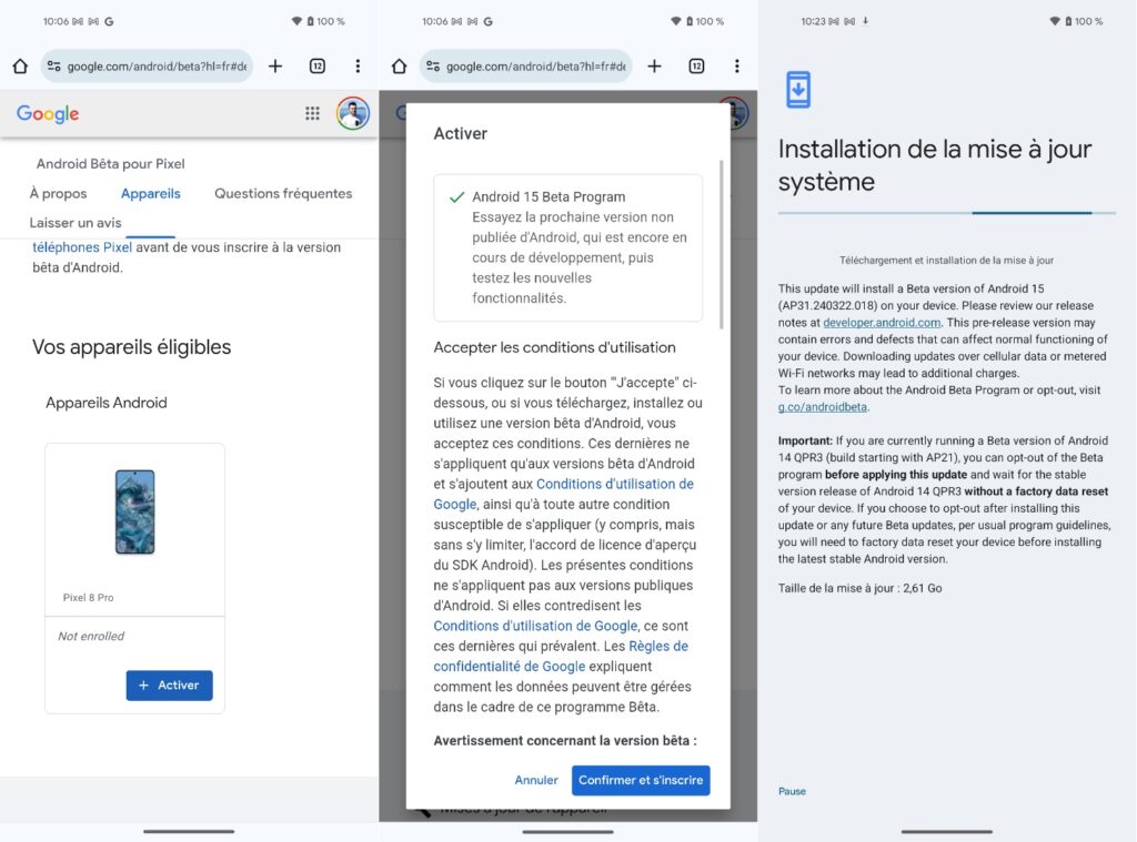 Le processus d'ajout d'un smartphone Pixel au programme Android Beta.