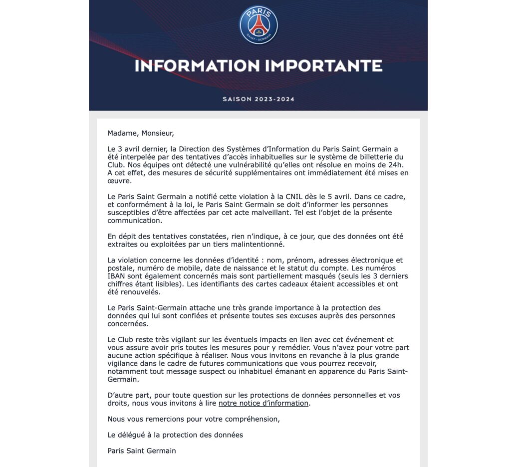 Le mail envoyé par le PSG aux personnes inscrites sur sa billetterie.