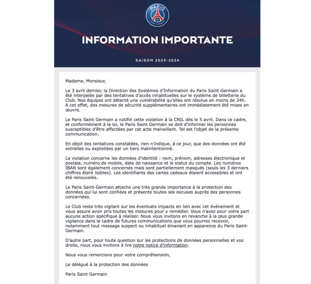 Le mail envoyé par le PSG aux personnes inscrites sur sa billetterie. Le mail envoyé par le PSG aux personnes inscrites sur sa billetterie.