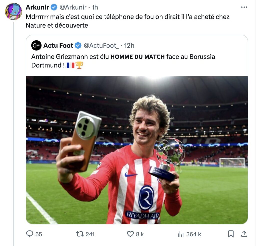 Arkunir, suivi par 1 million de personnes, se demande aussi quel est le smartphone d'Antoine Griezmann.