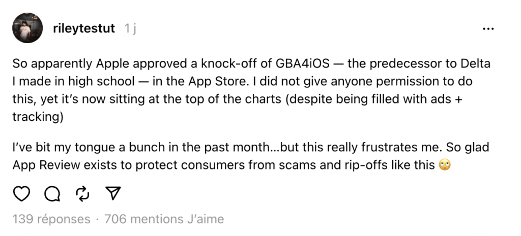 The creator of GBA4iOS does not blame the copier, who is just opportunistic, but Apple.