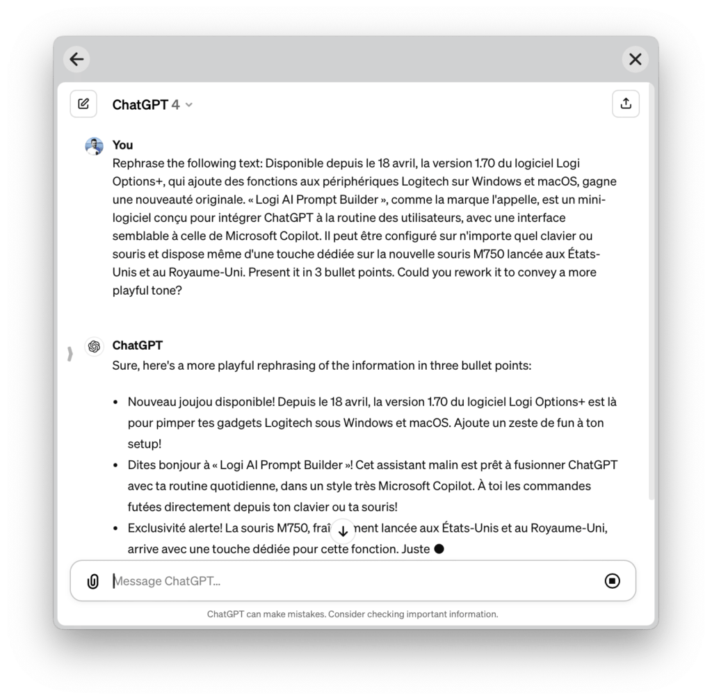 Le logiciel de Logitech ouvre la version web de ChatGPT.