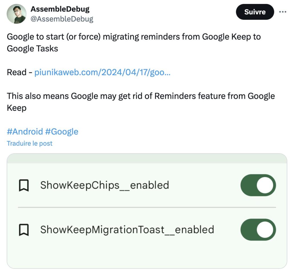 AssembleDebug a trouvé un moyen d'activer la migration Keep/Tasks.
