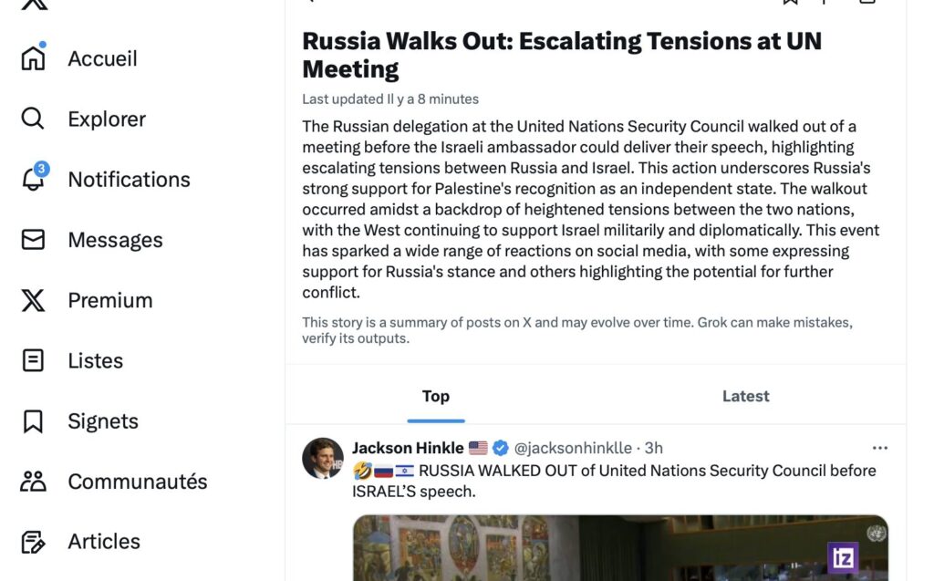 En se basant sur des tweets, Grok voit ici que les utilisateurs soutiennent la Russie pour son opposition à Israel.