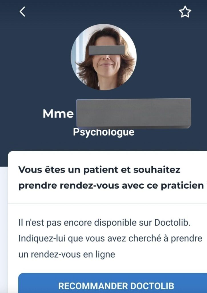 Un exemple d'une praticienne qui ne s'est pas inscrite sur Doctolib // Source : Twitter/Unreadu93