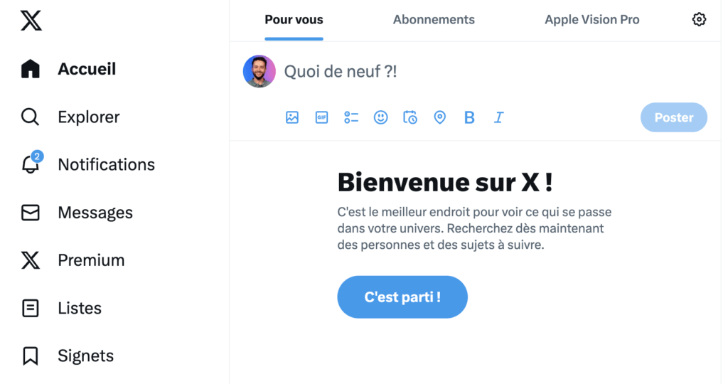 Le message affiché à l'ouverture de x.com