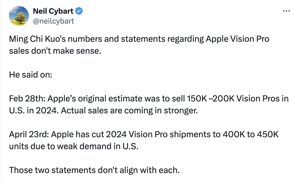 In a lengthy tweet, Neil Cybart contradicted Kuo's arguments.  He thinks he's wrong.