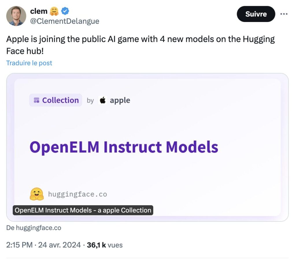 Le patron de HuggingFace se réjouit de la publication d'Apple.
