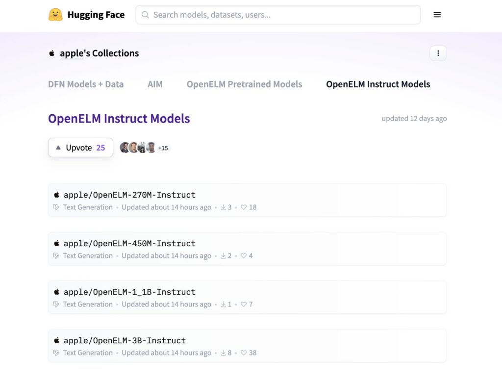 Les quatre versions d'OpenELM sur HuggingFace.