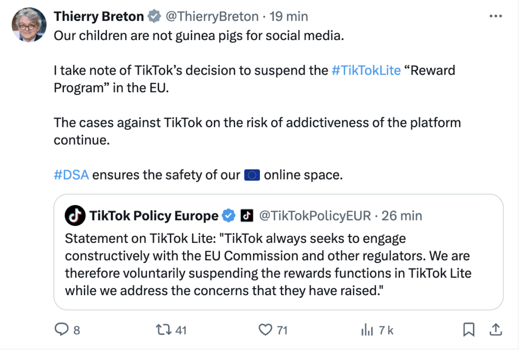 Thierry Breton, the European Commissioner, welcomed TikTok's decision.