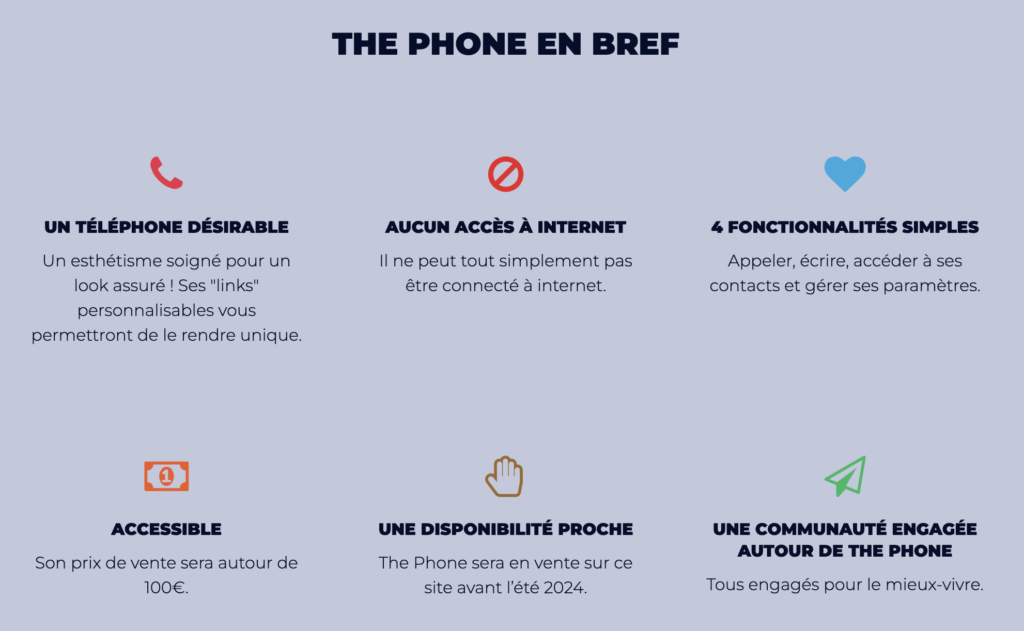 Les seules caractéristiques communiquées par The Phone sur son site actuel.