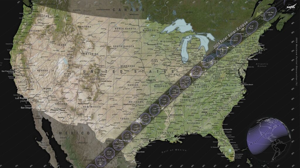Trajectoire de l'éclipse du 8 avril 2024 aux États-Unis. // Source : NASA's Scientific Visualization Studio