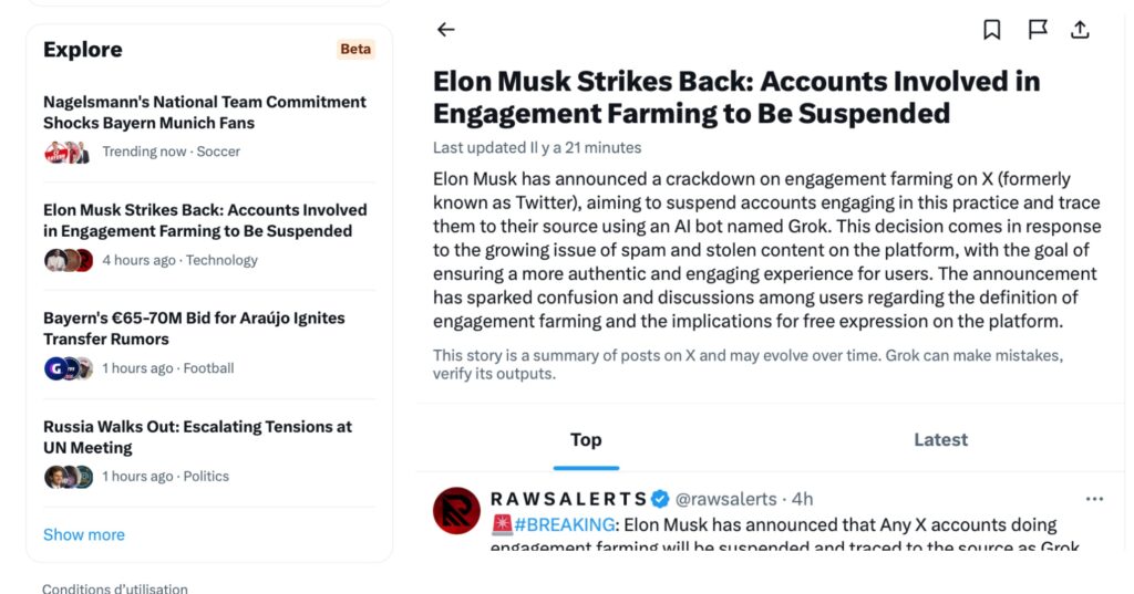 Screenshot of Twitter's new Explore menu, with an article summarized by Grok on the right.