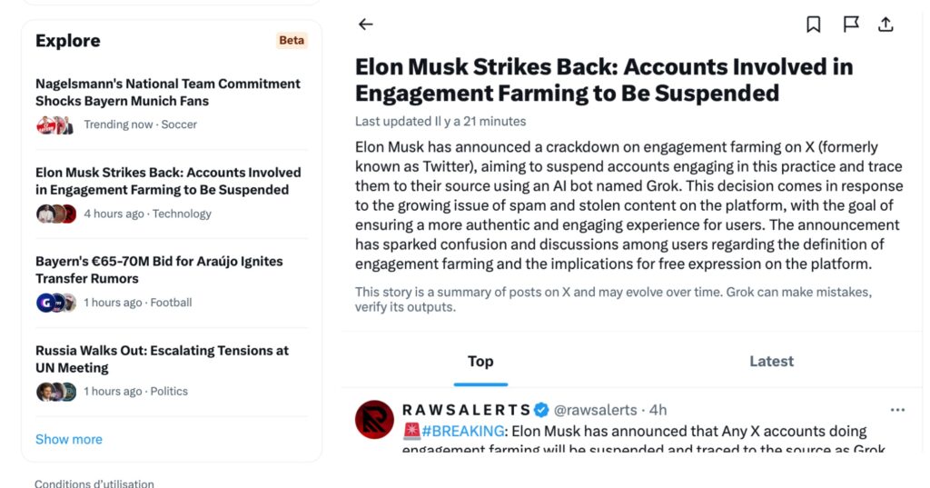 Capture d'écran du nouveau menu Explore de Twitter, avec un article résumé par Grok à droite.