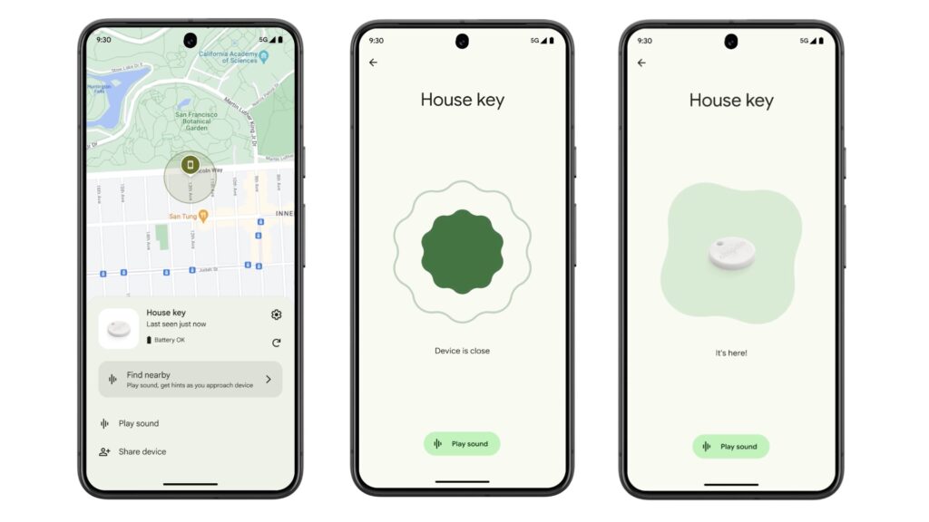 Captures d'écran de l'appli Google Find My, qui permet de localiser un appareil ou un objet.