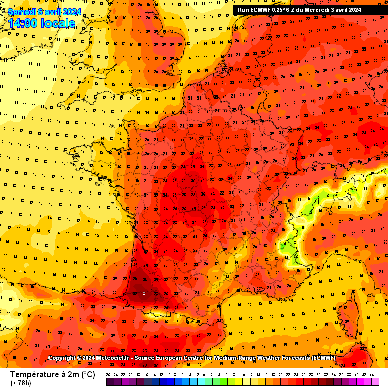 Températures attendues le samedi 6 avril 2024 en France. // Source : Via X @SergeZaka