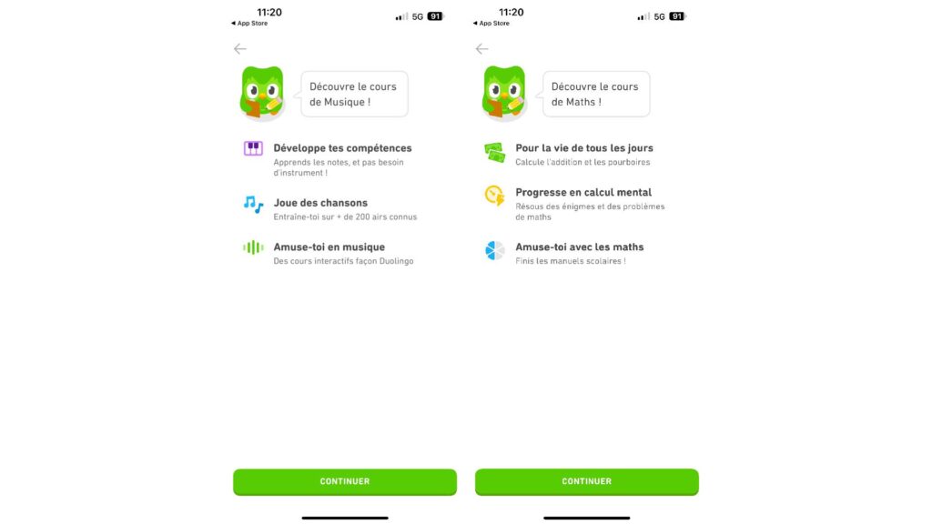 Les cours de maths et de musique sont dans Duolingo // Source : Capture d'écran