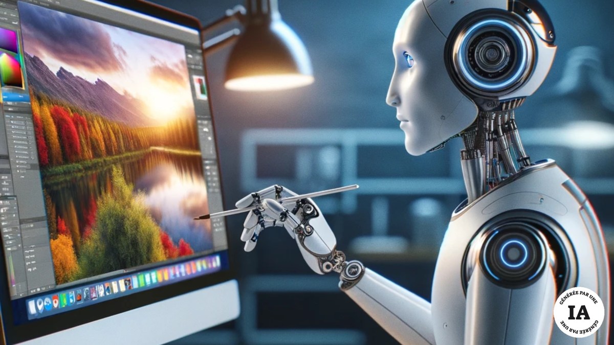 Un robot en train de modifier une image sur Photoshop. // Source : Numerama, avec Dall-E