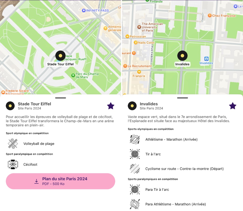 Transport Public Paris 2024 knows the locations for each sport.  Other apps don't have this data yet.