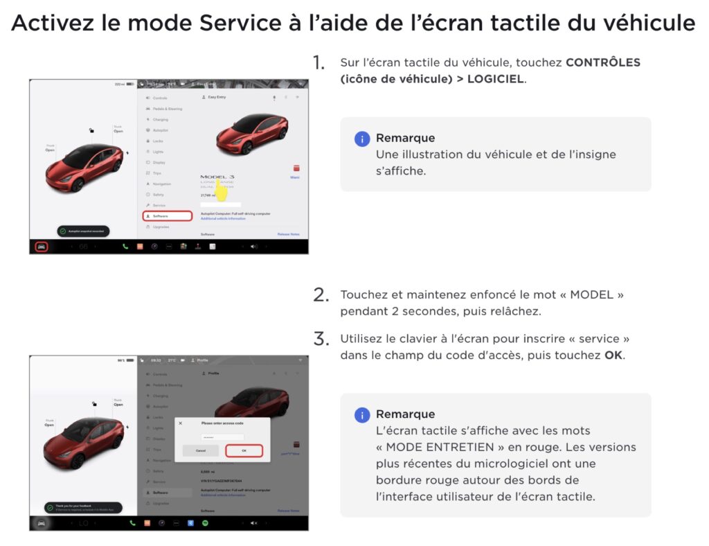 Comment afficher le mode entretien sur une Tesla ? // Source : Tesla