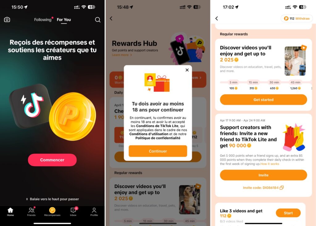 L'interface des récompenses de TikTok Lite.