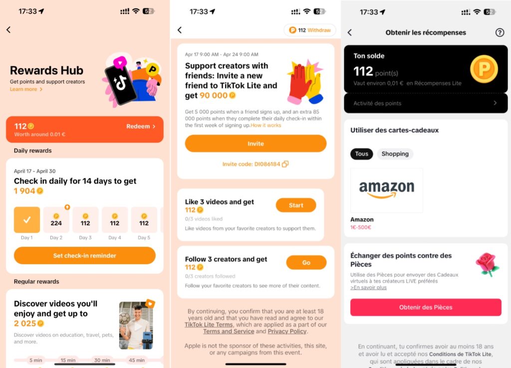 TikTok Lite permet ensuite de convertir ses points en chèque Amazon.