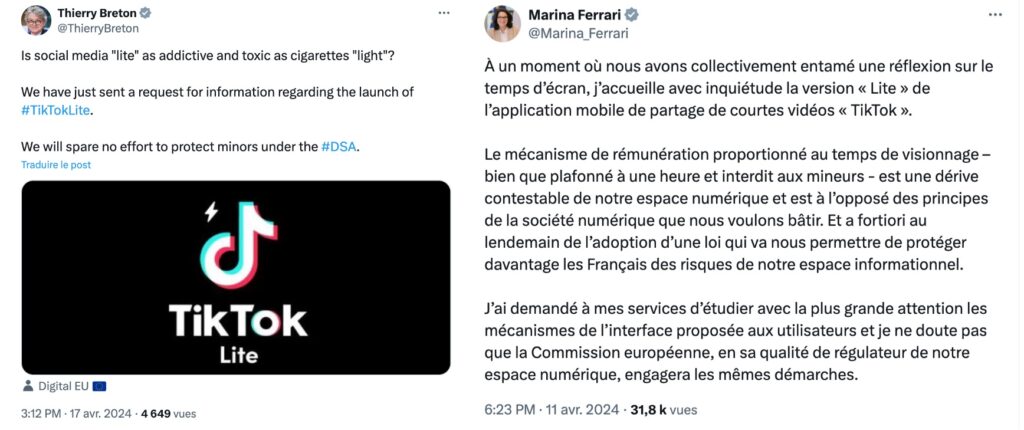 Tweets from Thierry Breton and Marina Ferrari on TikTok Lite.