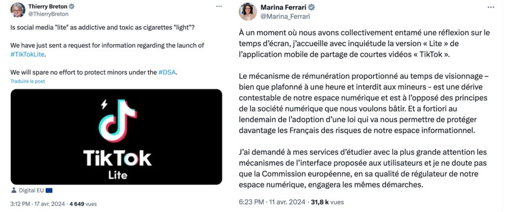 Les tweets de Thierry Breton et Marina Ferrari sur TikTok Lite.