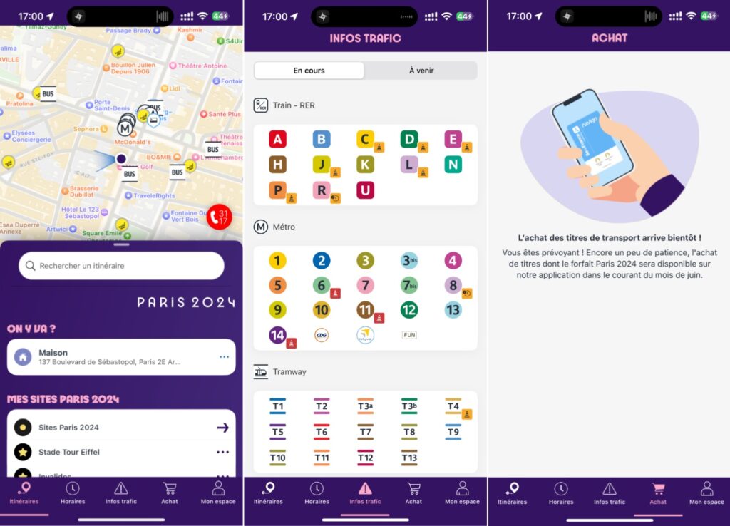 The interface of Transport Public Paris 2024 is generally identical to that of other IdFM apps. The Purchase tab, still inactive, will be activated in mid-June.
