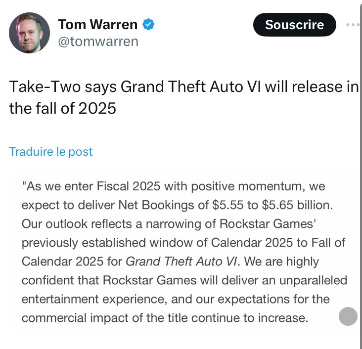 « Dans ses résultats financiers, Take-Two annonce que Rockstar Games bascule de 2025 à automne 2025 ».