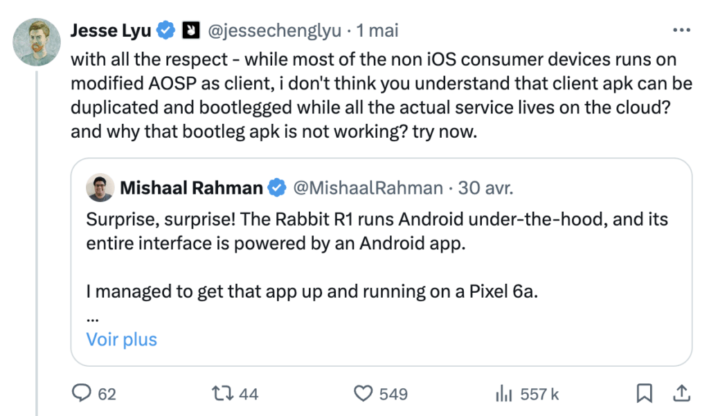 Jesse Lyu confirme utiliser Android Open Source, mais explique que c'est normal.