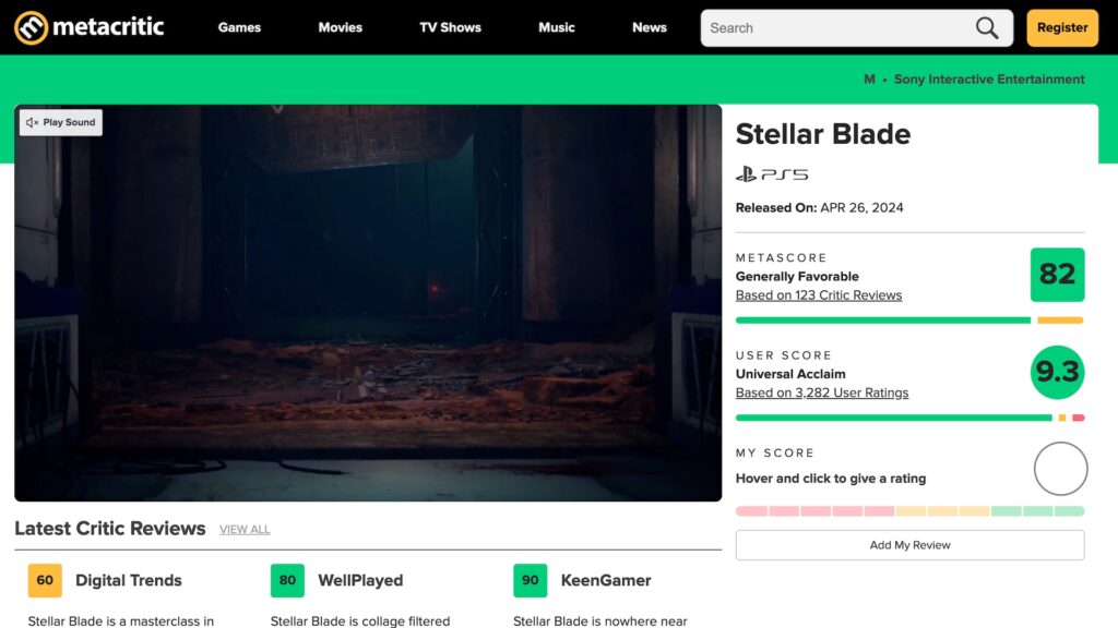 Stellar Blade sur Metacritic // Source : Capture d'écran